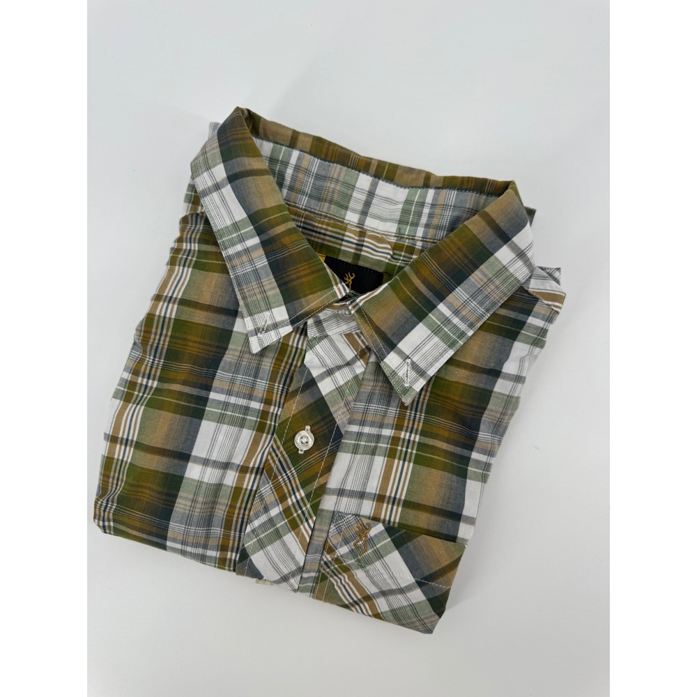 Browning Mens Plaid Short Sleeve Button Down Shirt Green White Size M